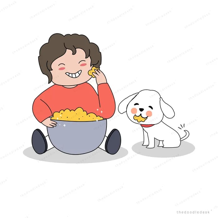 Woman eating popcorn from a bowl beside her dog