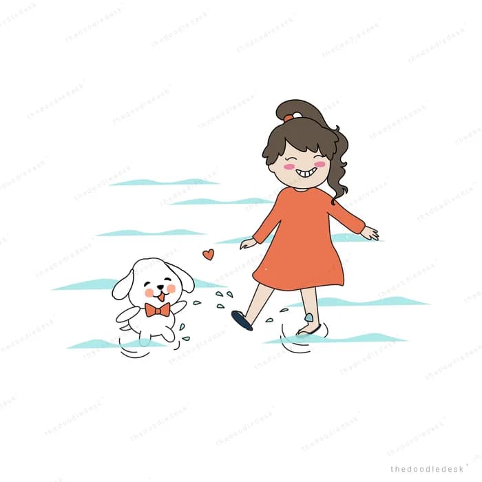 Girl walking through shallow water with her dog
