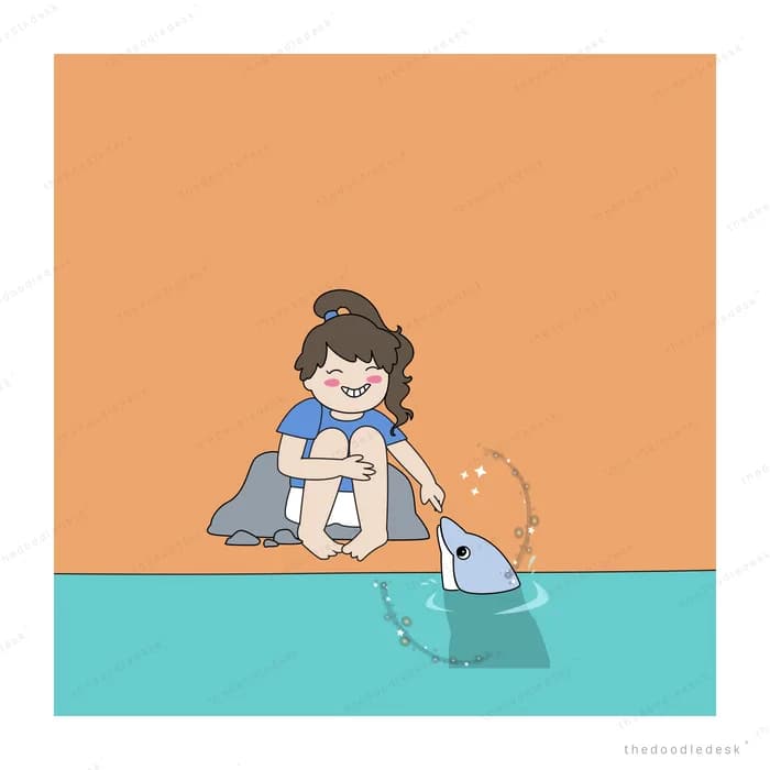 Girl washing her dog by an orange wall