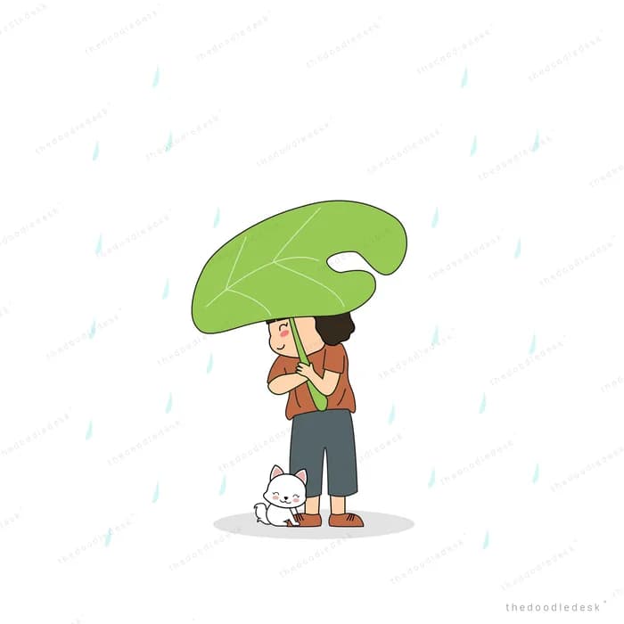 Couple sheltering under a leaf with their dog