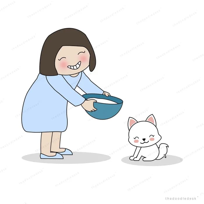 Woman carrying a bowl toward her cat