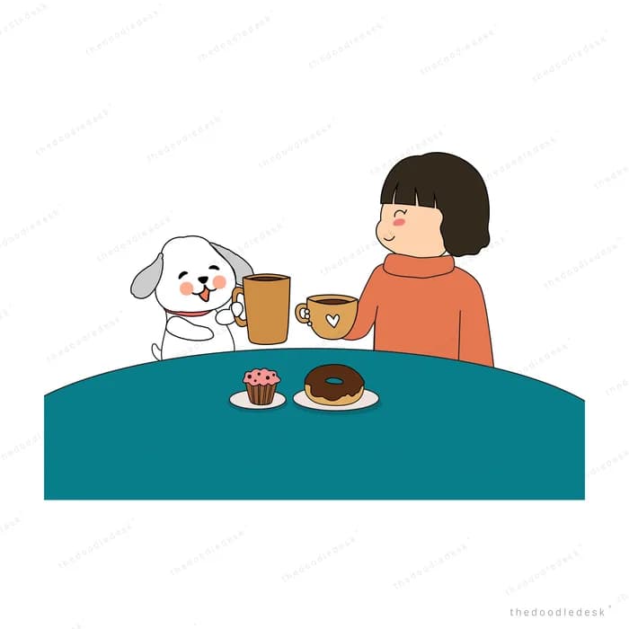Girl and dog sharing food at a teal table