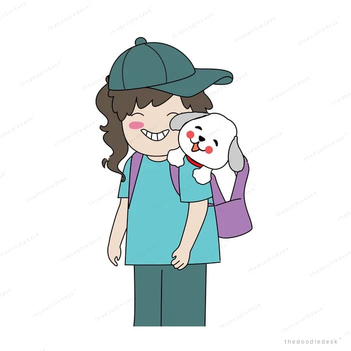 Girl in a cap carrying her dog in a backpack