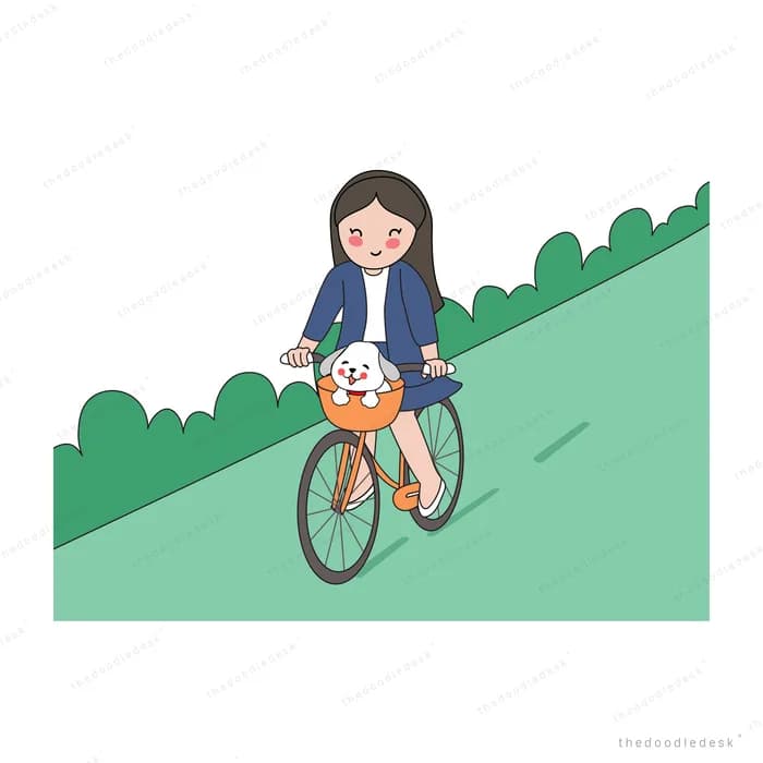 Woman cycling uphill with a dog in the basket