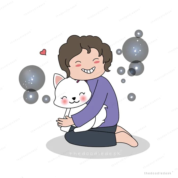 Woman kneeling holding her cat among dark orbs