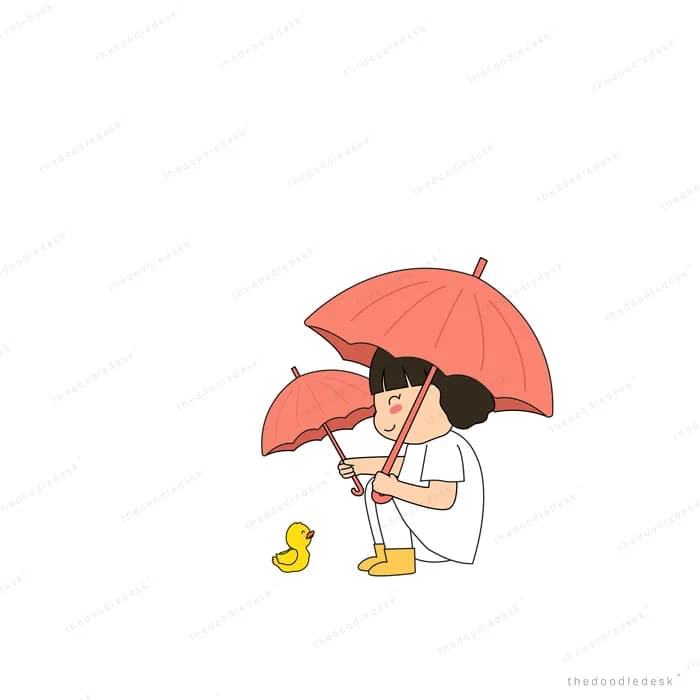 Girl in a raincoat under a red umbrella with a duck