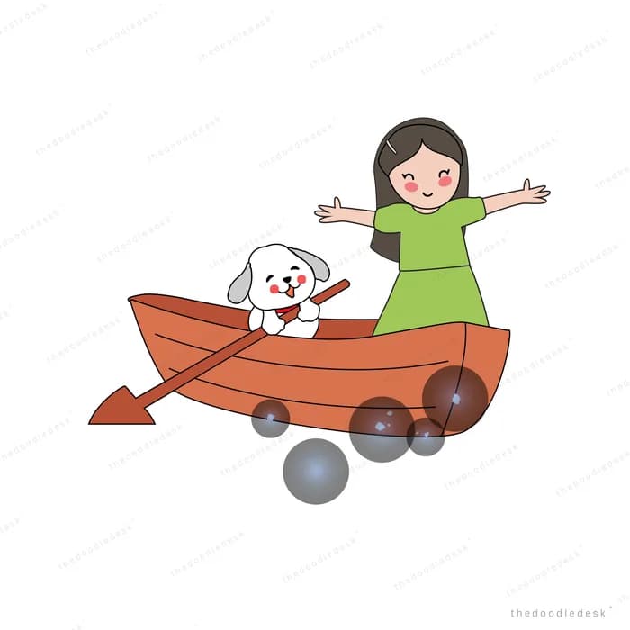 Girl with arms open in a boat with her dog