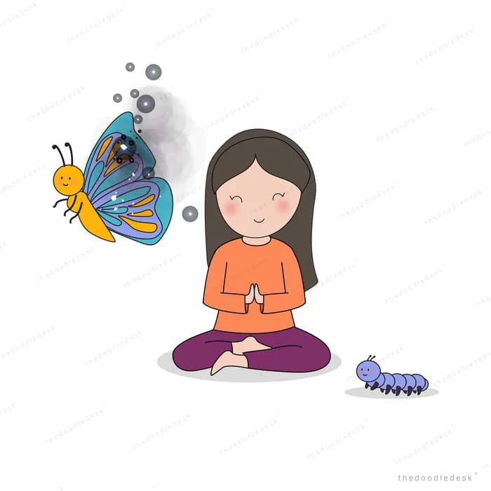 Girl meditating with a butterfly and caterpillar