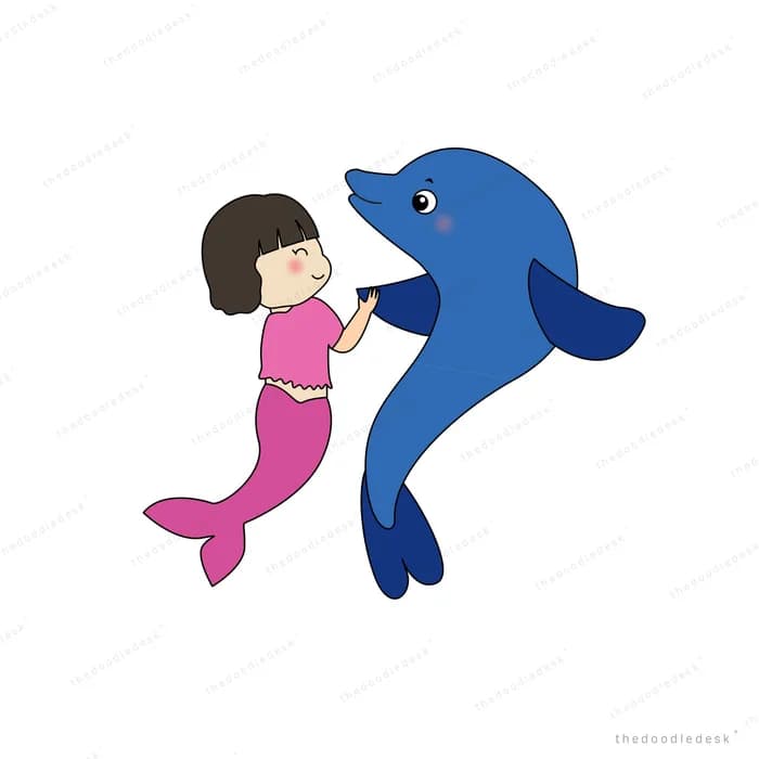Mermaid embracing a large blue dolphin