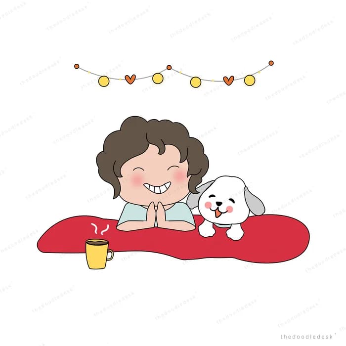 Girl lying on a red rug with her dog under bunting