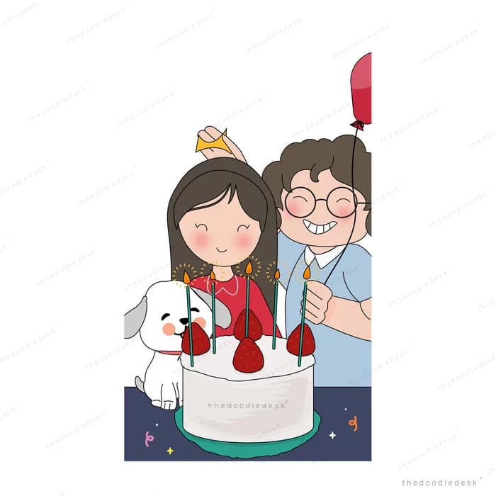 Couple in crowns with a cake and their dog at night