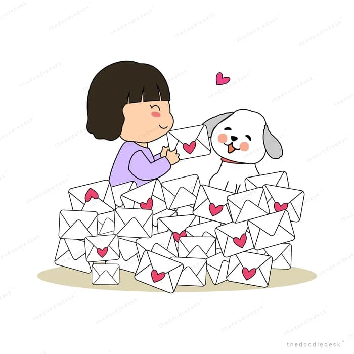 Girl and dog buried in a pile of love letters
