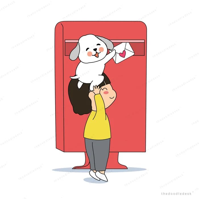 Girl holding a dog beside a red postbox