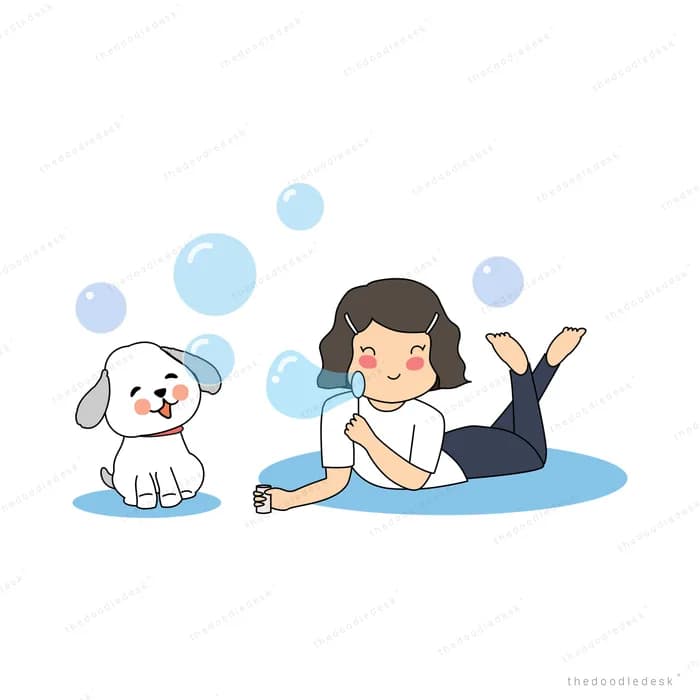Girl lying on a mat blowing bubbles with her dog