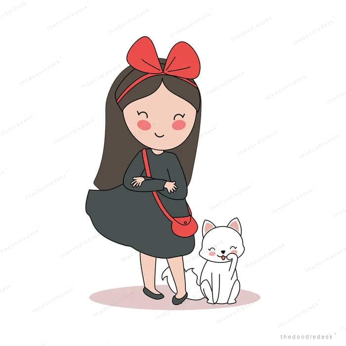 Woman with a bow and handbag beside her cat