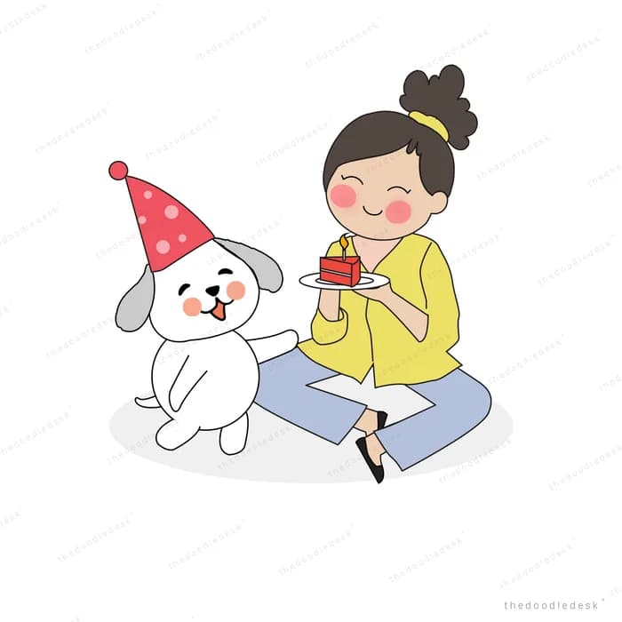 Girl sitting on the floor offering a small cake to a puppy in a party hat