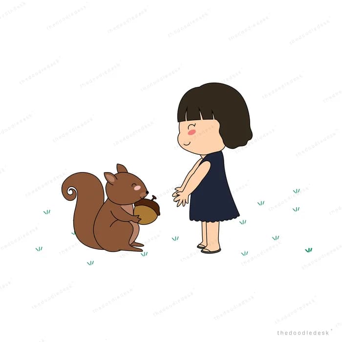 Girl in a navy dress feeding an acorn to a squirrel in falling snow