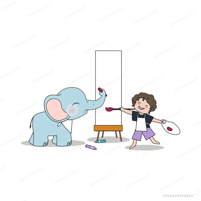 Elephant painting a canvas with its trunk while a girl holds a palette and brush