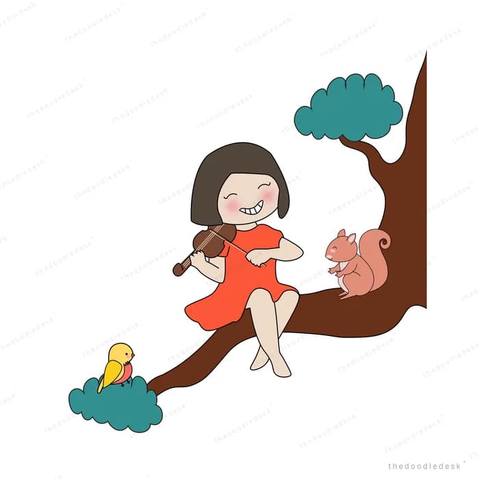 Girl in a red dress sitting on a tree branch with a squirrel and a yellow bird