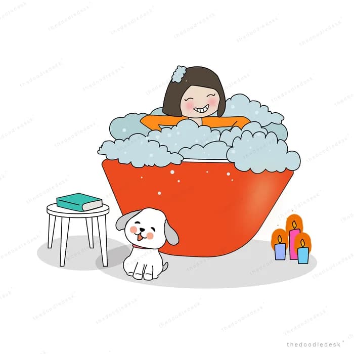 Girl soaking in a red bubble bath with a puppy and a stool of towels beside