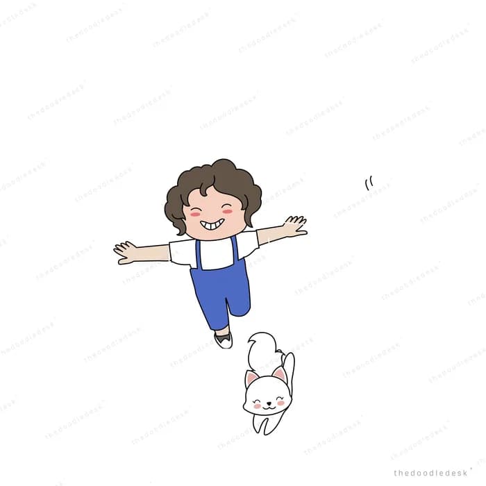 Boy in blue overalls leaping with arms spread while a white cat jumps below