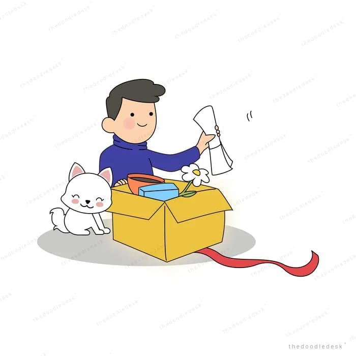 Boy opening a yellow gift box with a red ribbon while a white cat watches