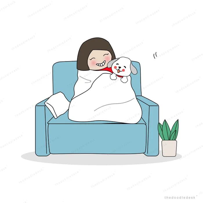 Girl wrapped in a white blanket on a blue sofa cuddling a small white dog