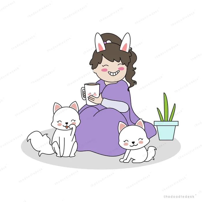 Woman in a purple robe and cat ear headband holding a mug beside two white cats