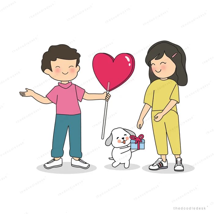 Boy handing a heart balloon to a girl while a puppy carries a gift box
