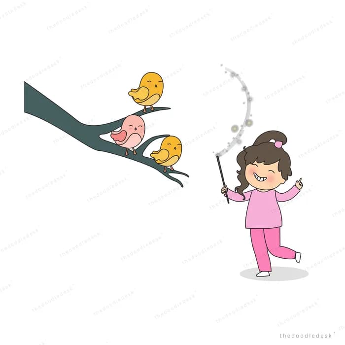 Girl in pink holding a beaded garland beside a branch with two chicks and a nest