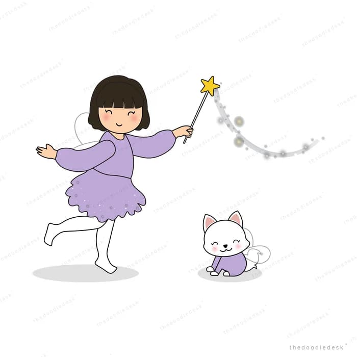 Girl in a purple dress waving a star wand trailing a beaded streamer beside a white cat