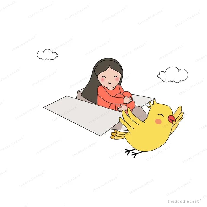 Girl riding a flying board beside a giant yellow chick among clouds