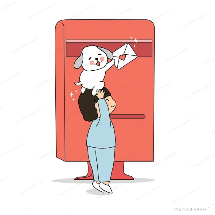 Girl lifting a puppy up to post a letter into a tall red postbox