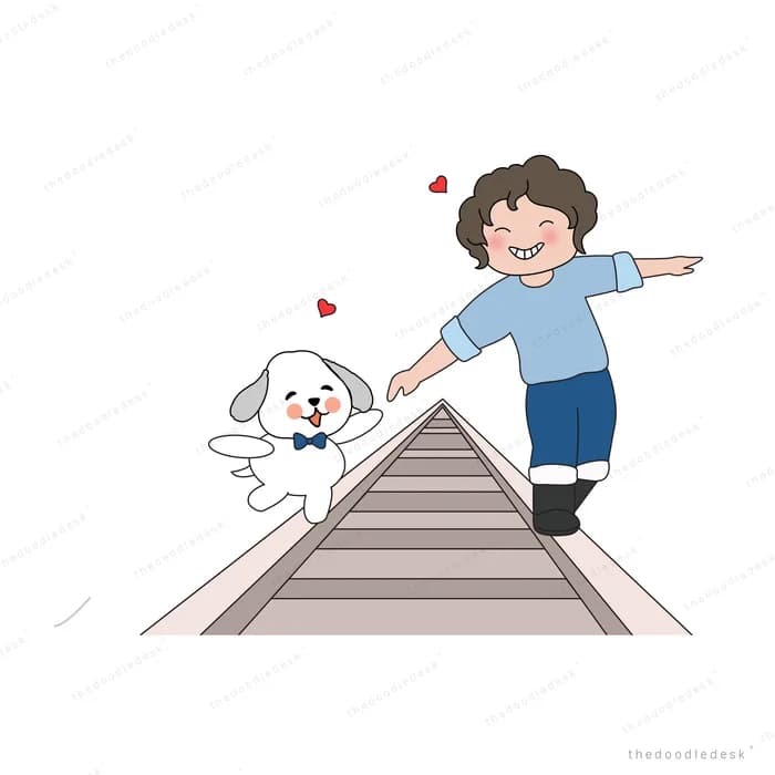 Boy balancing along railway tracks with a white puppy in a bow tie