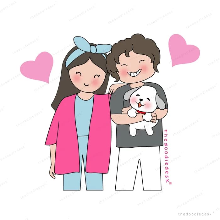 Couple standing together holding a white puppy with hearts around them