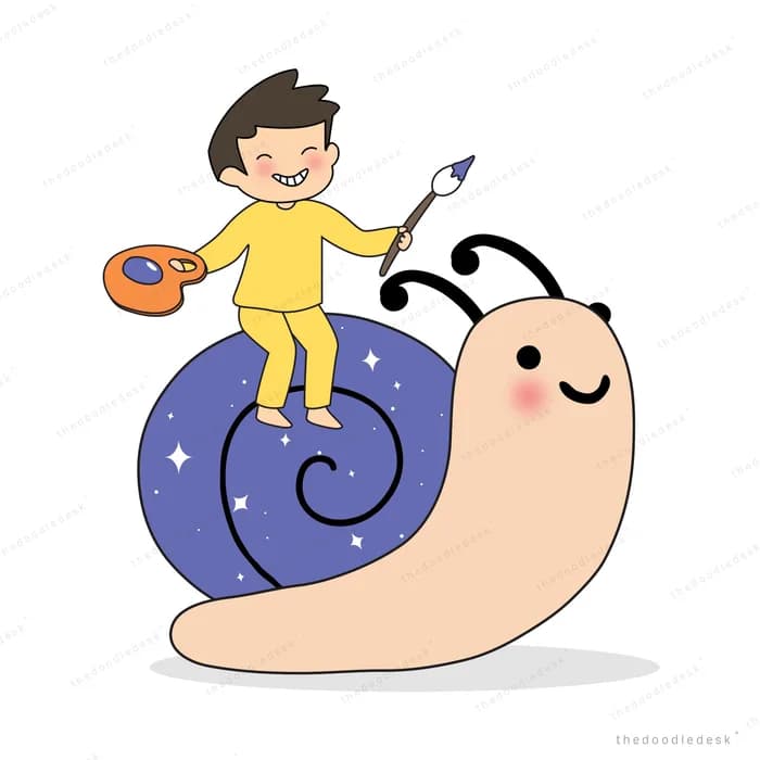 Boy with a palette and brush sitting on a snail whose shell is painted like a galaxy