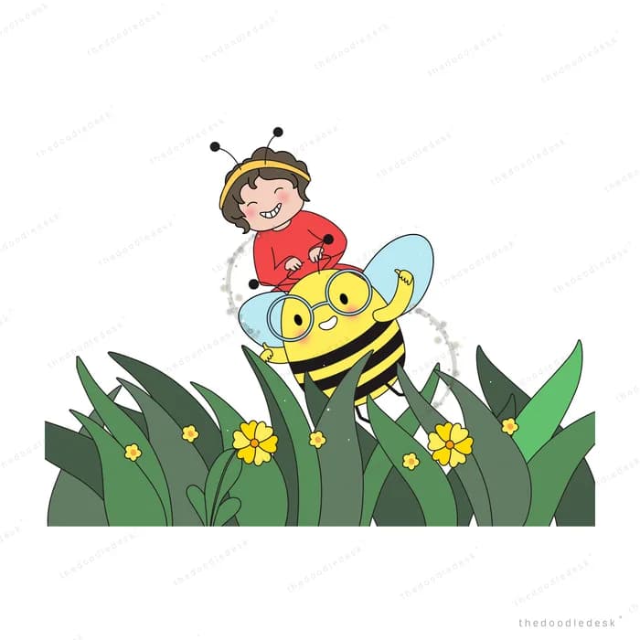 Boy in a bee headband riding a large bee over grass and yellow flowers