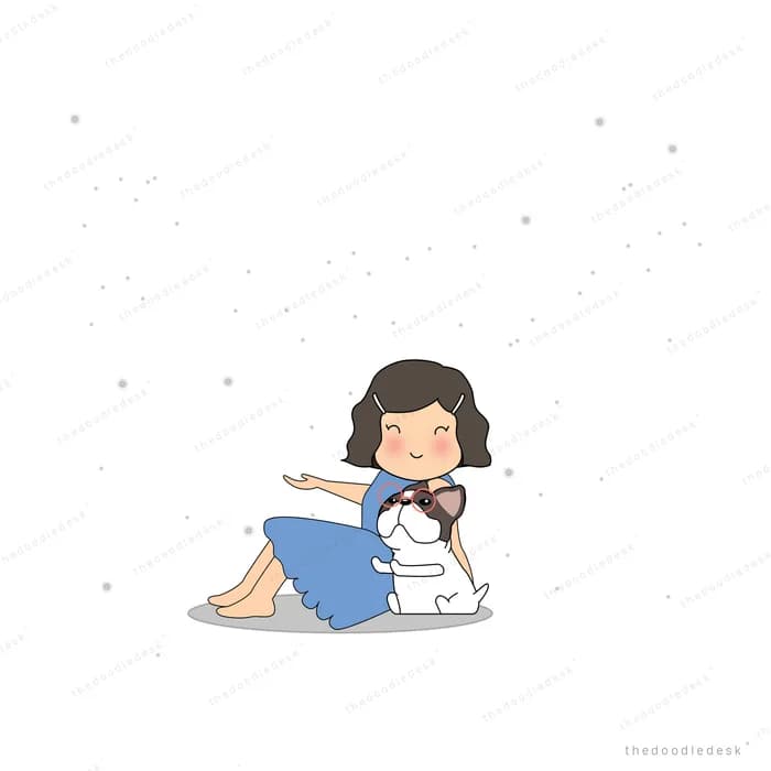 Girl in a blue dress sitting with a white cat amid scattered dark specks