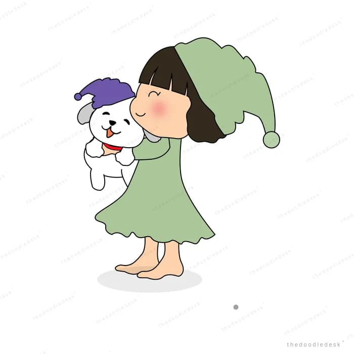 Girl in a green nightgown and nightcap hugging a puppy in a matching cap