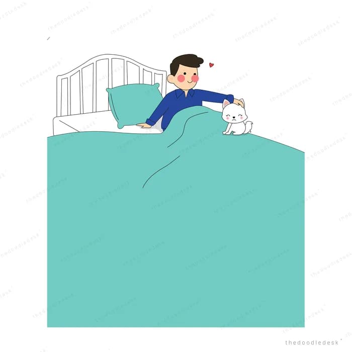 Man sitting up in a big teal bed stroking a white cat