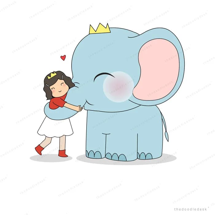 Small girl in a crown hugging the trunk of a crowned blue elephant