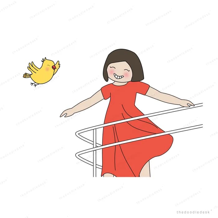 Woman in a red dress leaning on a spiral railing while a yellow bird flies by