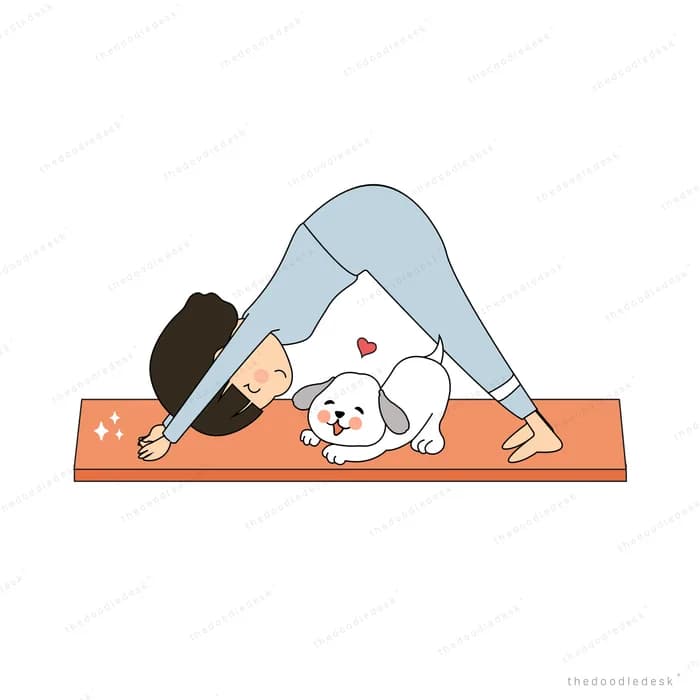 Woman in downward dog pose on a mat over a white puppy lying beneath
