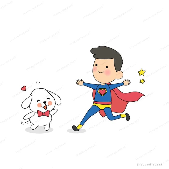 Boy in a superhero cape running with a white puppy beside him