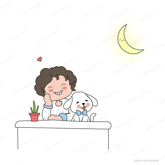 Girl leaning on a table beside a white puppy under a crescent moon