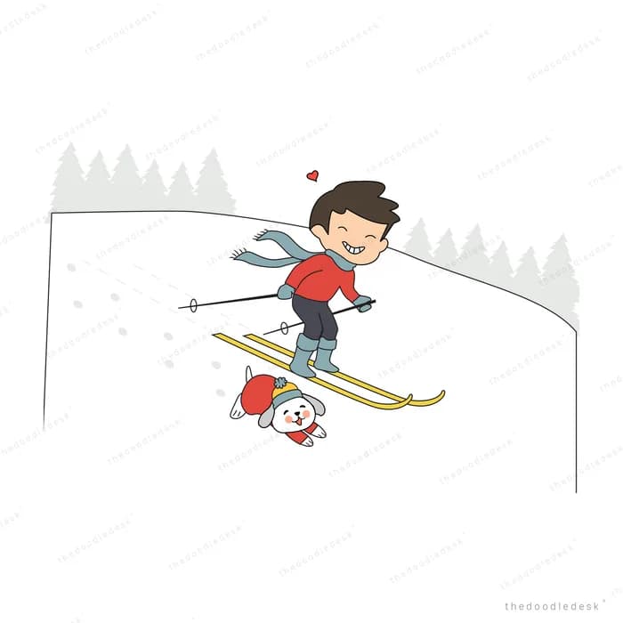 Boy skiing down a snowy slope with a small white dog following