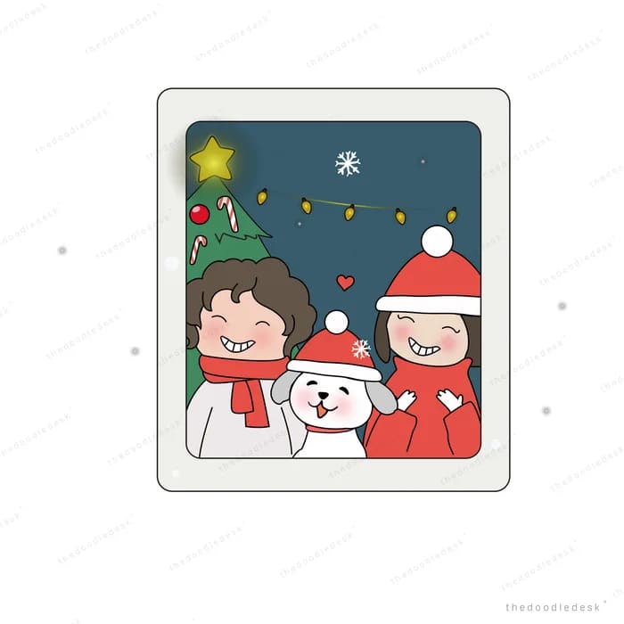 Framed photo of two children and a dog in santa hats in front of a christmas tree