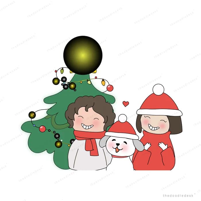 Two children and a white dog in santa hats and scarves beside a decorated christmas tree