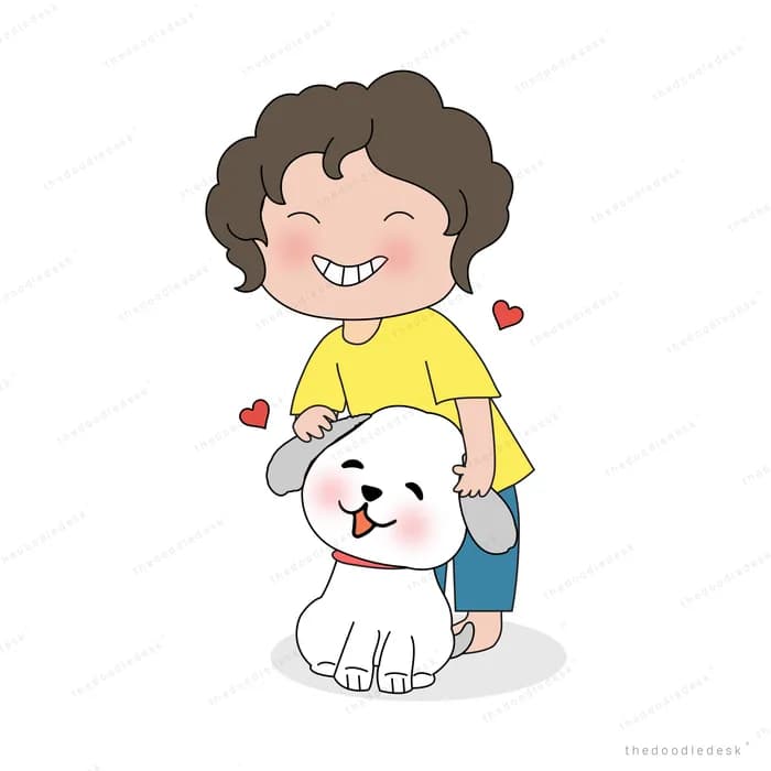 Laughing boy kneeling and hugging a big white dog with hearts around