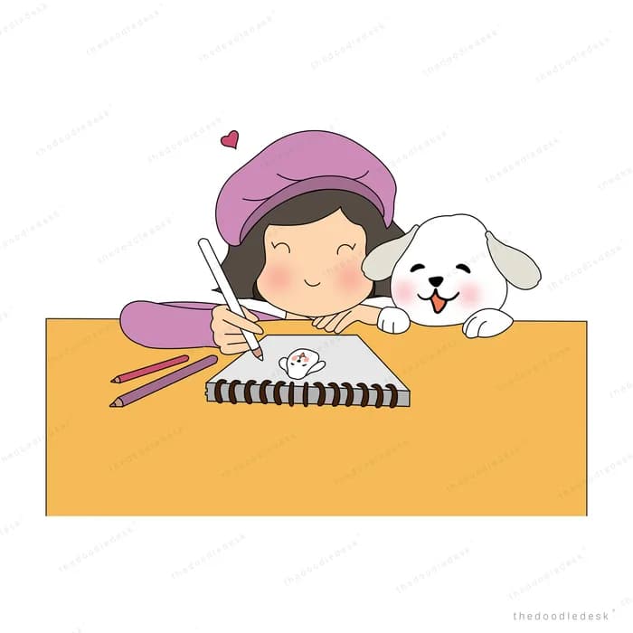 Girl in a purple beret drawing in a sketchbook at an orange desk with a white dog watching